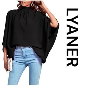 LYANER Mock Neck Pleated Batwing Sleeve, Tie Back Blouse, Size L.